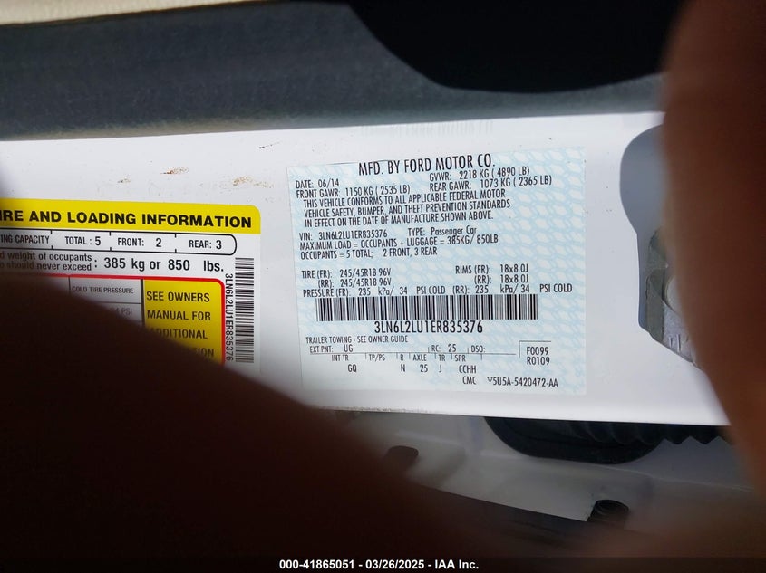 2014 LINCOLN MKZ HYBRID VIN: 3LN6L2LU1ER835376