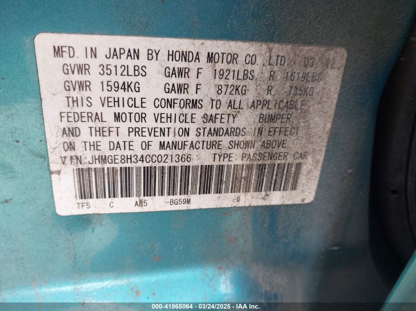 2012 Honda Fit VIN: JHMGE8H34CC021366 Lot: 41865064
