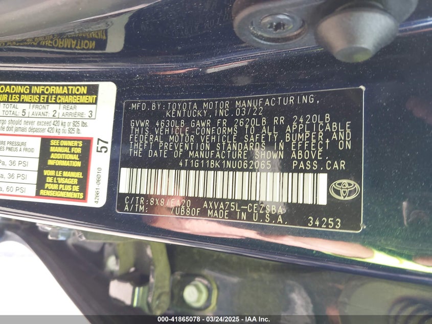 2022 TOYOTA CAMRY VIN: 4T1G11BK1NU062065