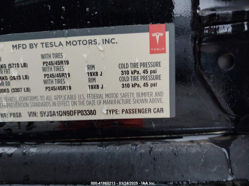 2013 TESLA MODEL S VIN: 5YJSA1DN9DFP03380