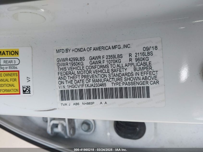 2018 Honda Accord Lx VIN: 1HGCV1F1XJA233465 Lot: 41865218