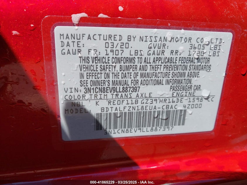 2020 NISSAN VERSA SV XTRONIC CVT - 3N1CN8EV9LL887397