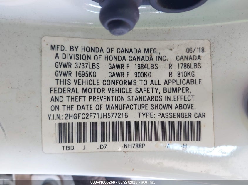 2018 HONDA CIVIC VIN: 2HGFC2F71JH577216