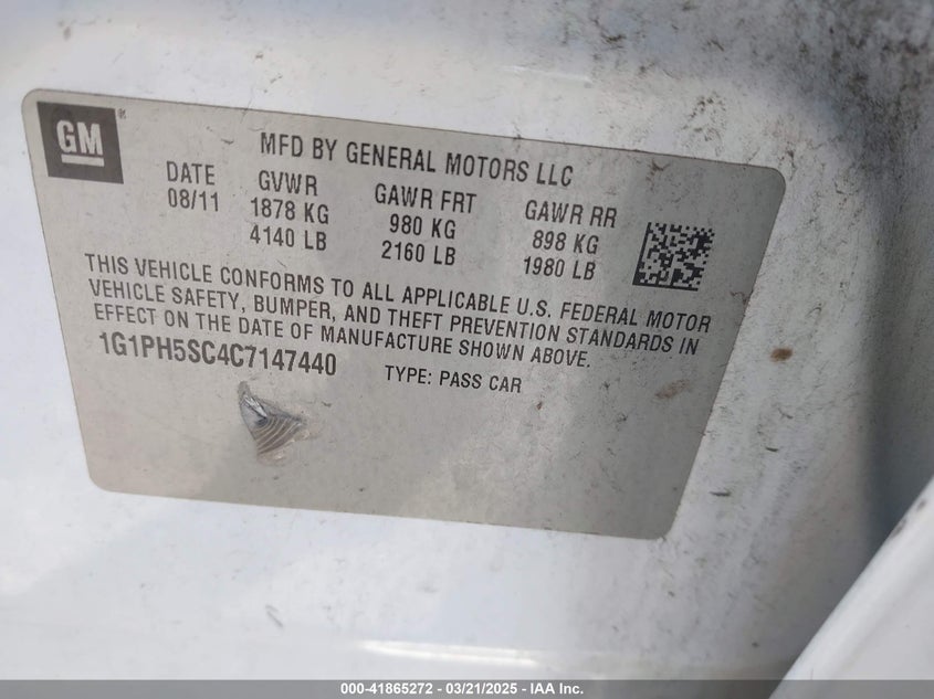 2012 CHEVROLET CRUZE VIN: 1G1PH5SC4C7147440