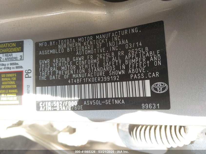 2014 TOYOTA CAMRY VIN: 4T4BF1FK0ER399192
