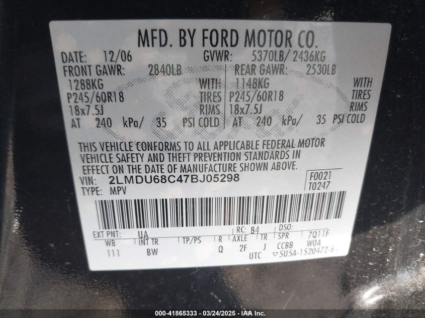 2007 LINCOLN MKX VIN: 2LMDU68C47BJ05298