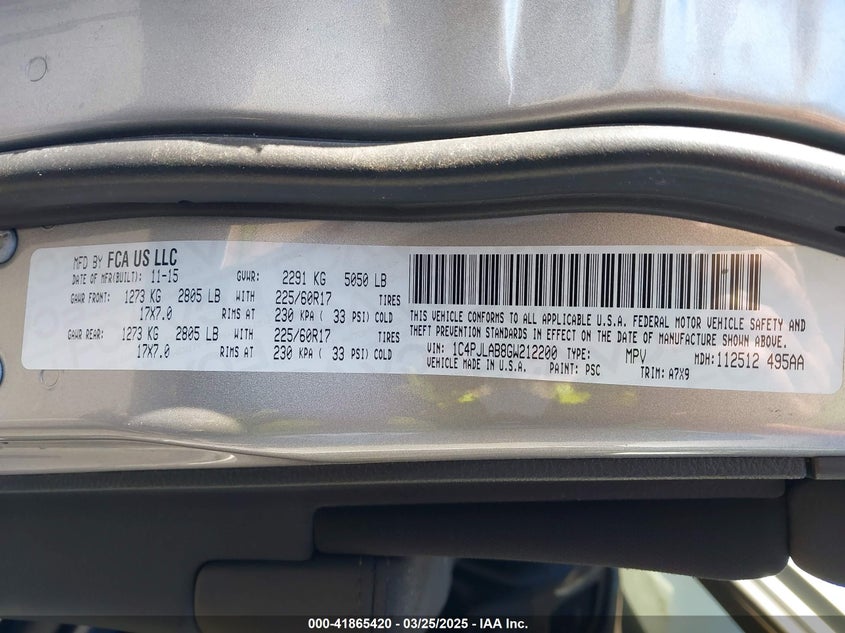2016 JEEP CHEROKEE VIN: 1C4PJLAB8GW212200