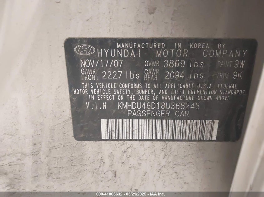 2008 HYUNDAI ELANTRA VIN: KMHDU46D18U368243