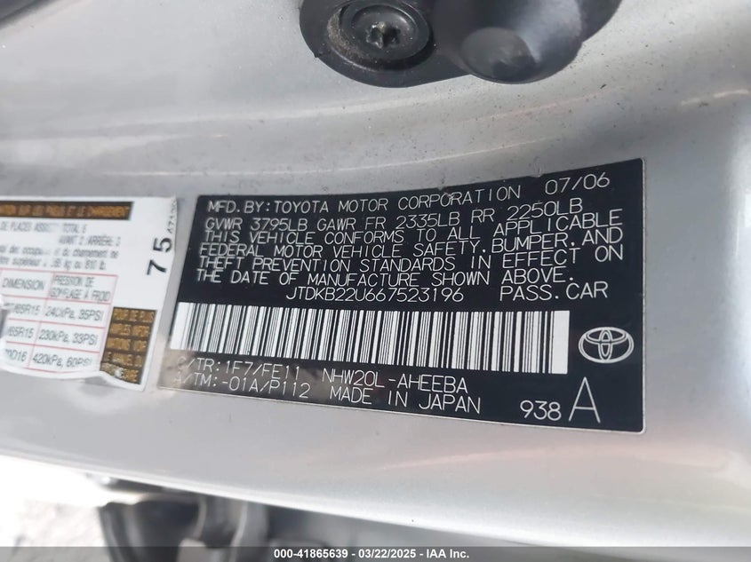 2006 TOYOTA PRIUS VIN: JTDKB22U667523196