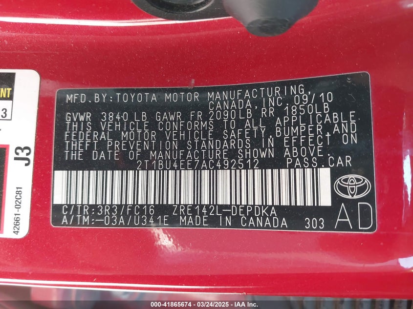 2010 TOYOTA COROLLA VIN: 2T1BU4EE7AC492512