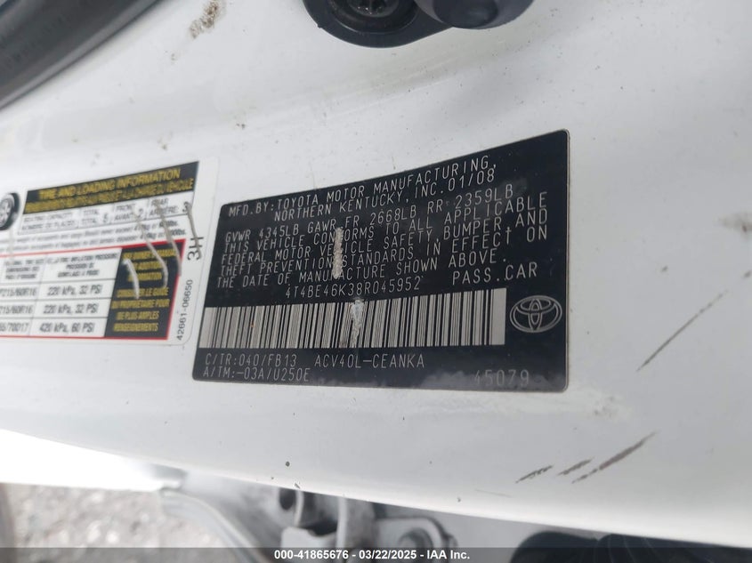 2008 TOYOTA CAMRY VIN: 4T4BE46K38R045952