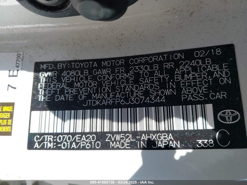 2018 TOYOTA PRIUS PRIME VIN: JTDKARFP6J3074344