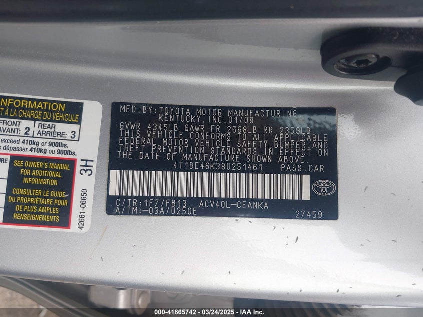 2008 TOYOTA CAMRY VIN: 4T1BE46K38U251461
