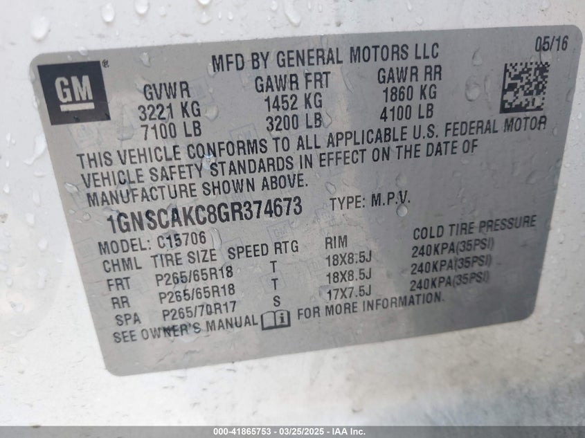 2016 CHEVROLET TAHOE VIN: 1GNSCAKC8GR374673
