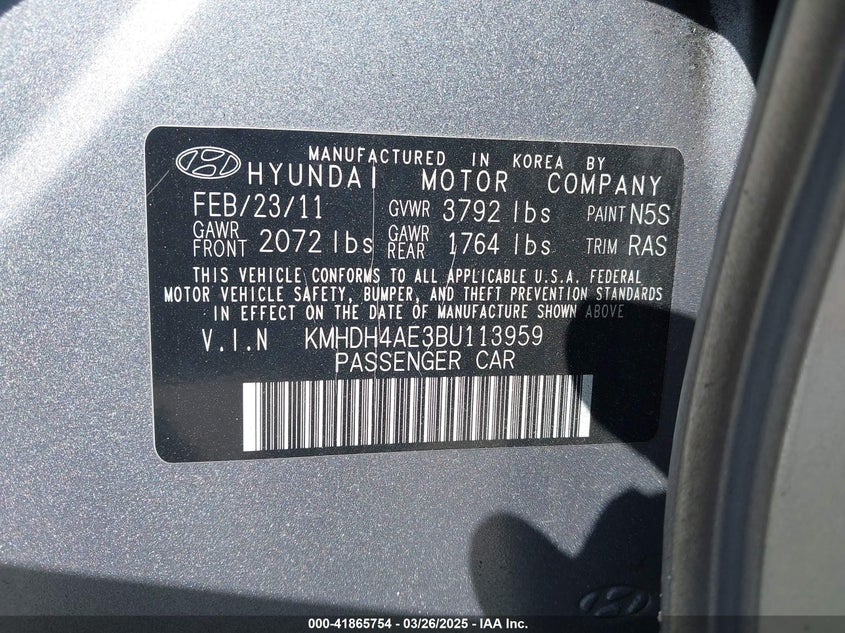 2011 HYUNDAI ELANTRA VIN: KMHDH4AE3BU113959
