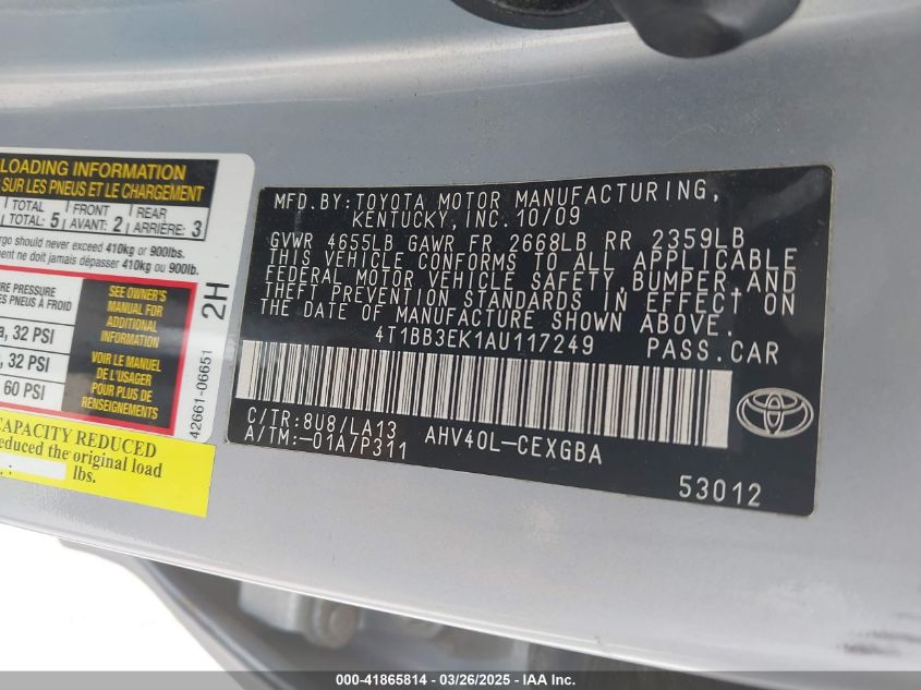 2010 Toyota Camry Hybrid VIN: 4T1BB3EK1AU117249 Lot: 41865814