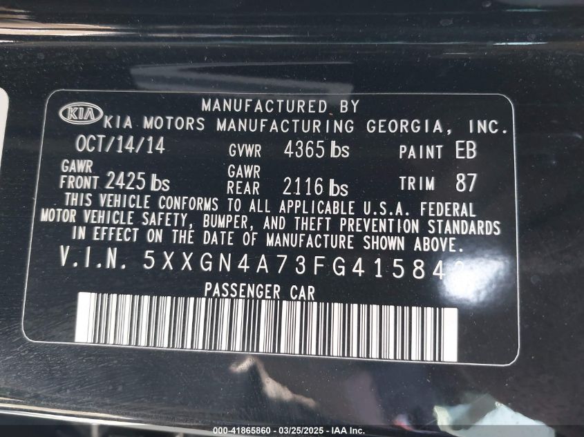 2015 Kia Optima Ex VIN: 5XXGN4A73FG415842 Lot: 41865860