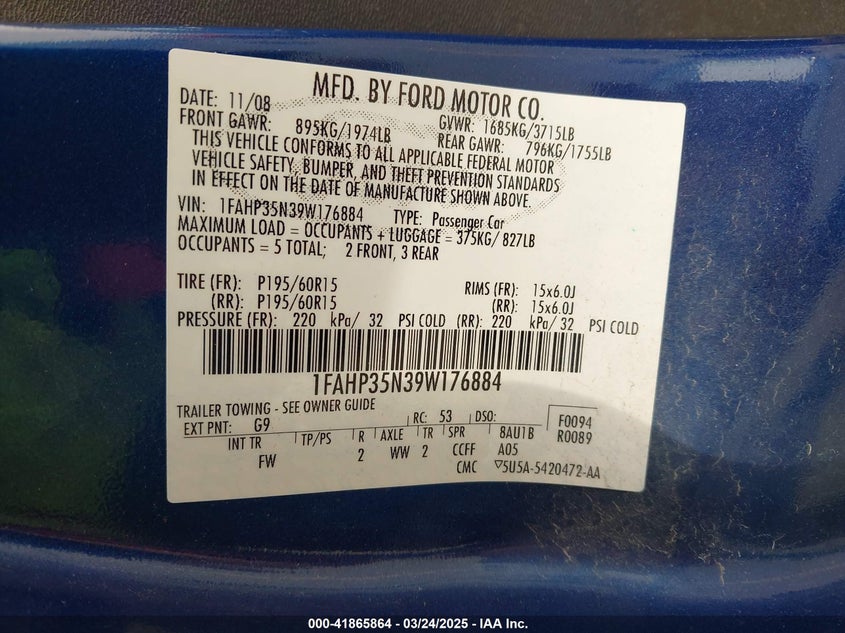 2009 FORD FOCUS VIN: 1FAHP35N39W176884