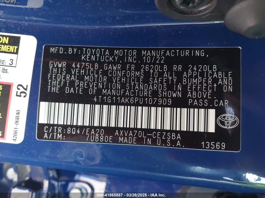 2023 TOYOTA CAMRY VIN: 4T1G11AK6PU107909