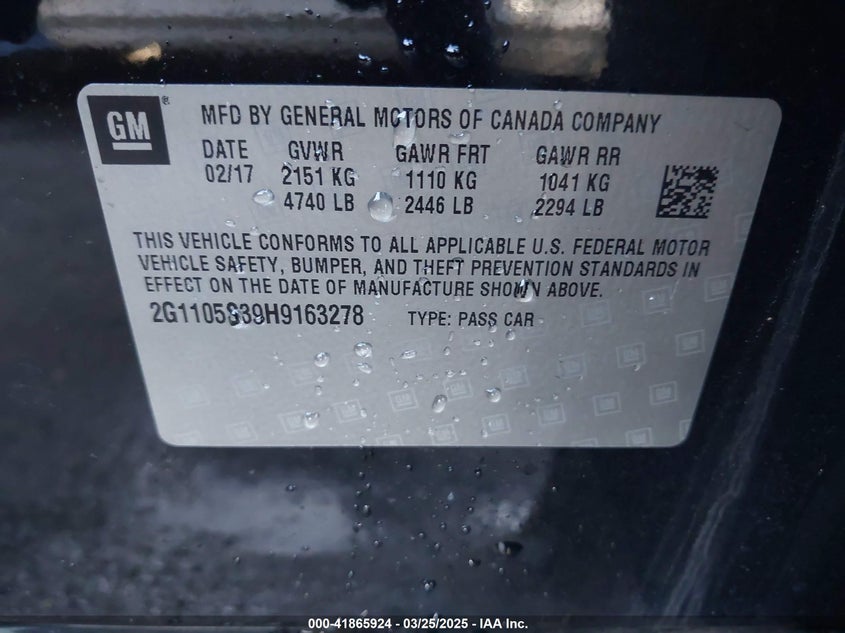 2017 CHEVROLET IMPALA VIN: 2G1105S39H9163278