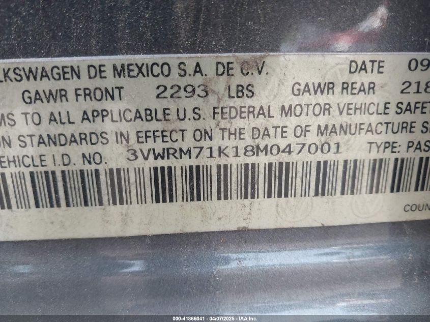 2008 Volkswagen Jetta Se/Sel VIN: 3VWRM71K18M047001 Lot: 41866041