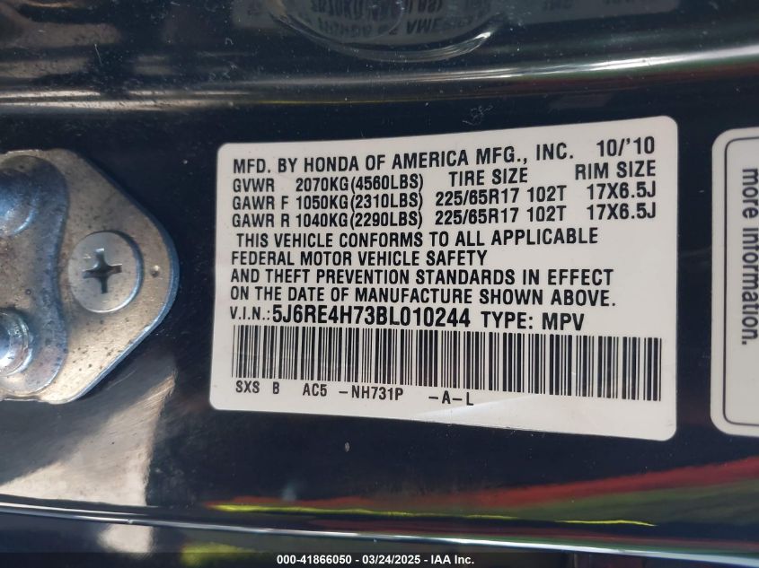 2011 Honda Cr-V Ex-L VIN: 5J6RE4H73BL010244 Lot: 41866050