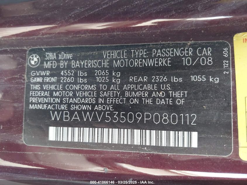 2009 BMW 328I xDrive VIN: WBAWV53509P080112 Lot: 41866146