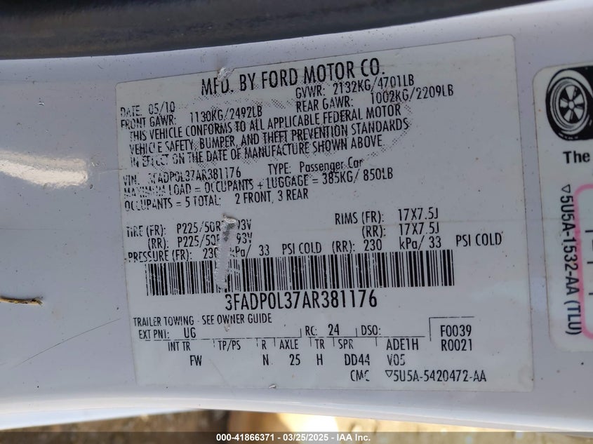 2010 FORD FUSION VIN: 3FADP0L37AR381176