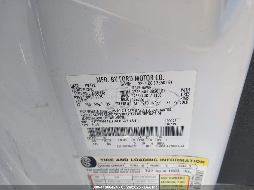 2013 FORD F-150 VIN: 1FTFW1EF4DFA11811