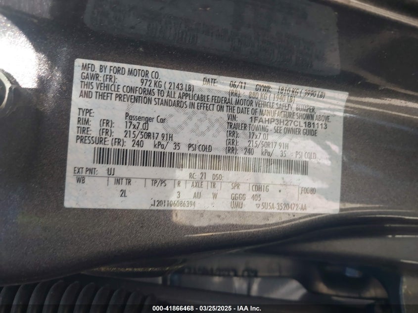 2012 FORD FOCUS VIN: 1FAHP3H27CL181113