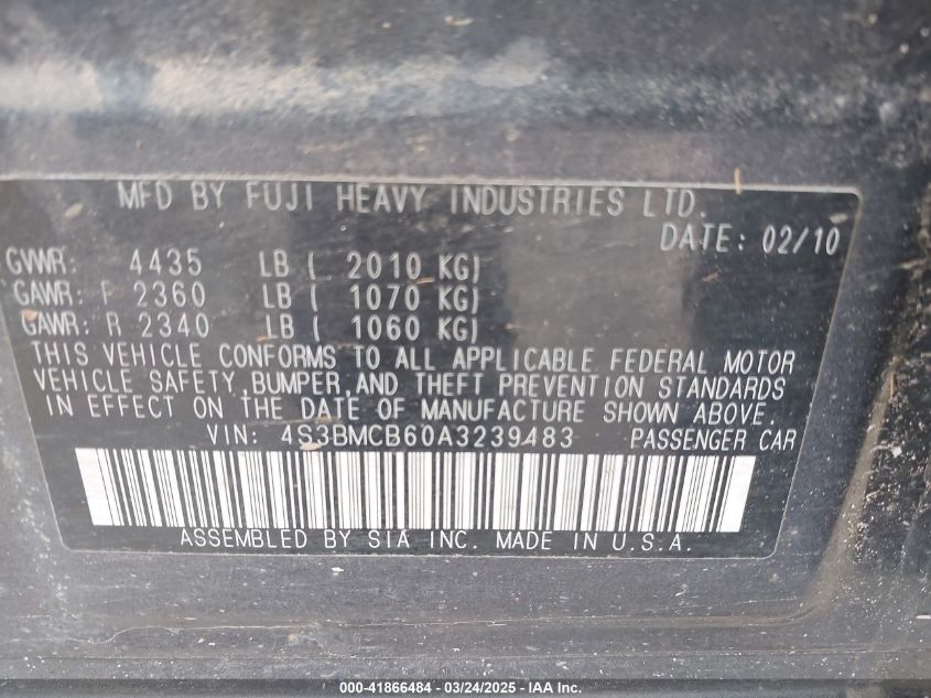 2010 Subaru Legacy 2.5I Premium VIN: 4S3BMCB60A3239483 Lot: 41866484