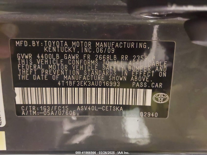 2010 TOYOTA CAMRY VIN: 4T1BF3EK3AU016993