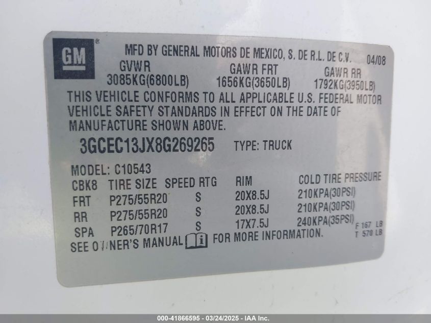 2008 Chevrolet Silverado 1500 Lt1 VIN: 3GCEC13JX8G269265 Lot: 41866595
