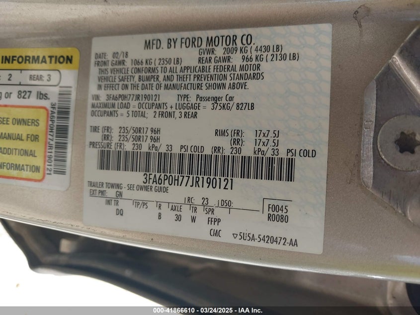 2018 FORD FUSION VIN: 3FA6P0H77JR190121