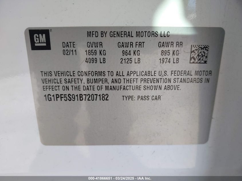 2011 Chevrolet Cruze 1Lt VIN: 1G1PF5S91B7207182 Lot: 41866651