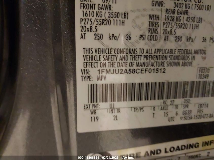 2012 Ford Expedition Limited VIN: 1FMJU2A5ACEF01512 Lot: 41866654