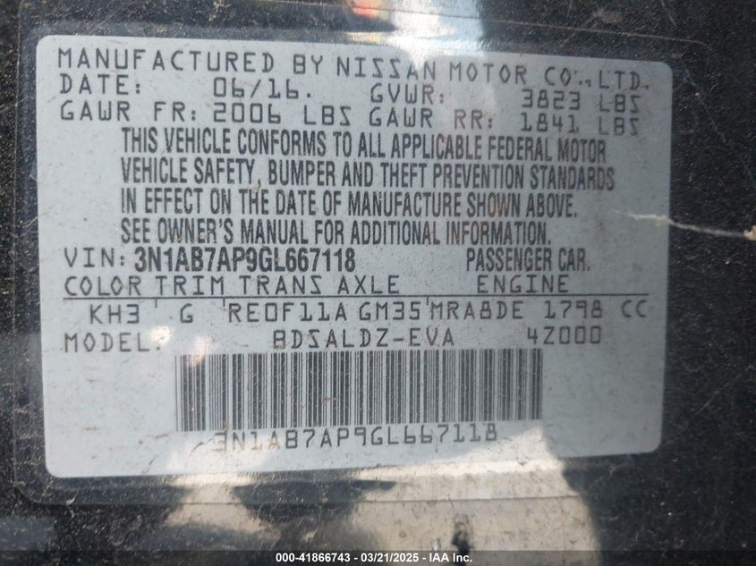 2016 NISSAN SENTRA VIN: 3N1AB7AP9GL667118