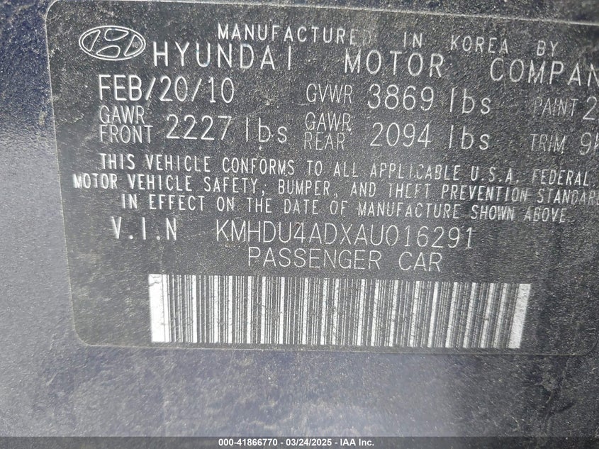 2010 HYUNDAI ELANTRA VIN: KMHDU4ADXAU016291