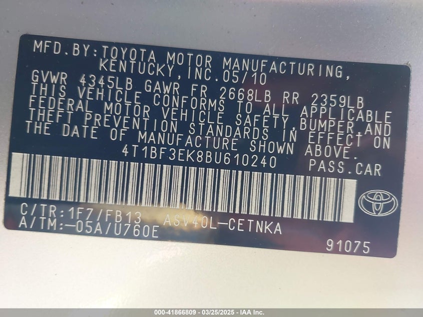 2011 TOYOTA CAMRY VIN: 4T1BF3EK8BU610240