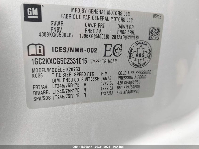 2012 Chevrolet Silverado 2500Hd Lt VIN: 1GC2KXCG5CZ331015 Lot: 41866847