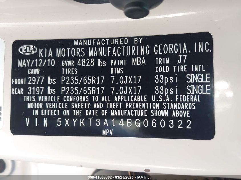 2011 Kia Sorento Lx VIN: 5XYKT3A14BG060322 Lot: 41866862