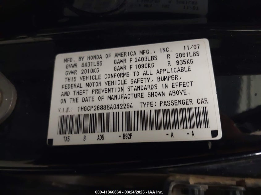 2008 HONDA ACCORD VIN: 1HGCP26888A042294