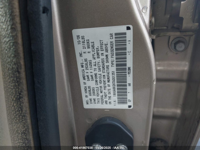 2007 ACURA TL VIN: 19UUA662X7A001351