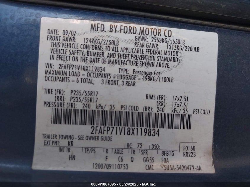 2008 FORD CROWN VICTORIA VIN: 2FAFP71V18X119834
