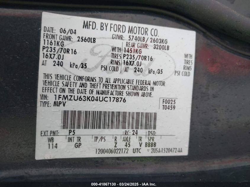 2004 Ford Explorer Xlt VIN: 1FMZU63K04UC17876 Lot: 41867130