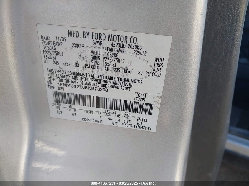 2006 FORD ESCAPE VIN: 1FMYU92Z66KB78298