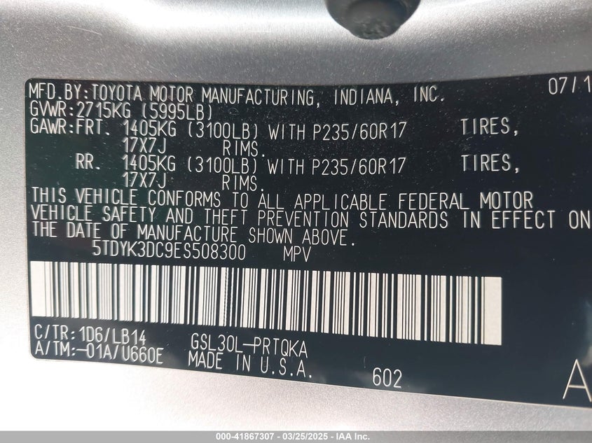 2014 TOYOTA SIENNA VIN: 5TDYK3DC9ES508300