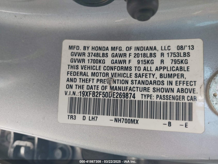 2013 HONDA CIVIC VIN: 19XFB2F50DE269874