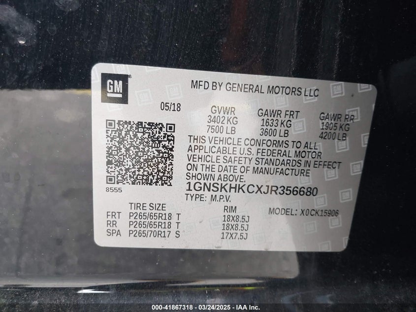 2018 CHEVROLET SUBURBAN VIN: 1GNSKHKCXJR356680