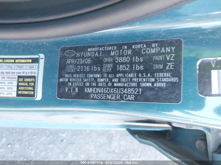 2006 HYUNDAI ELANTRA VIN: KMHDN46DX6U348521